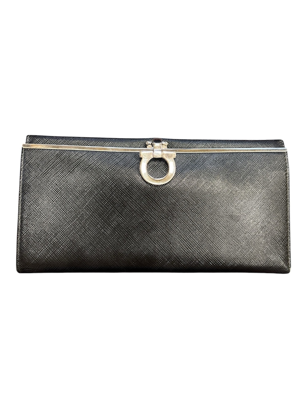Salvatore Ferragamo Black Leather Continental Wallet with Silver Detail